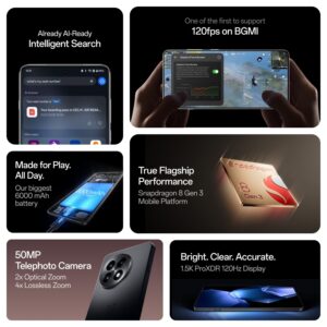 OnePlus 13R key features including Plus Mind AI, Snapdragon 8 Gen 3 performance, 6,000mAh long-lasting battery, 120Hz ProXDR AMOLED display, and premium Gorilla Glass build.