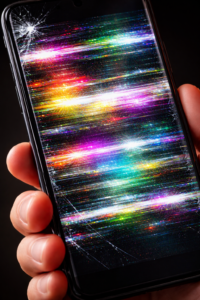close-up of android phone screen flickering with display glitch lines and brightness issue