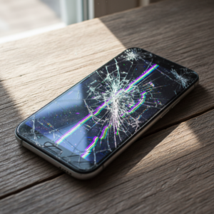 damaged phone screen with flickering display and visible crack lines