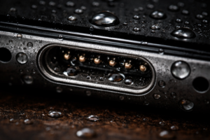 water inside phone charging port macro view